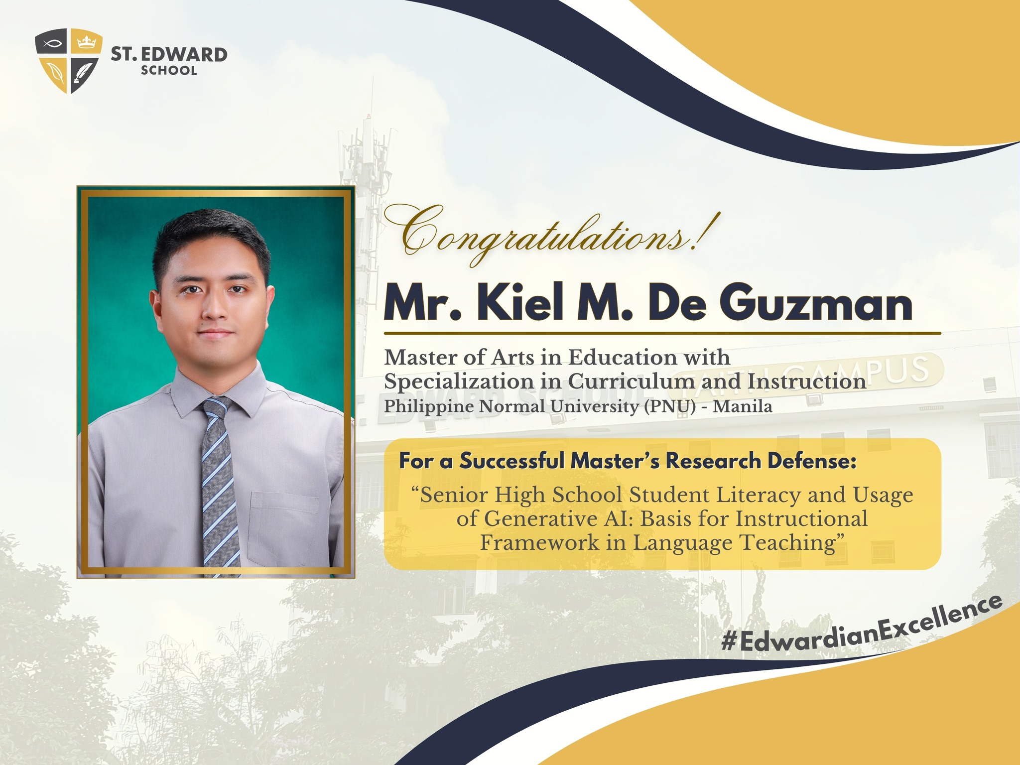 Congratulations banner for Mr. Kiel M. De Guzman’s successful Master’s research defense.